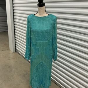 Vintage Teal Beaded Art Deco Dress | Long Sleeve | Size S (Estimated)